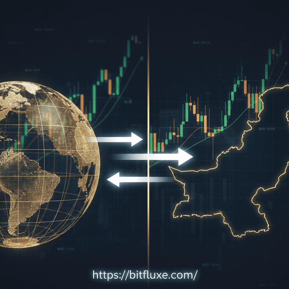"Global gold market trends influencing the gold price in Pakistan, showing interconnected financial flows and international gold price trend."