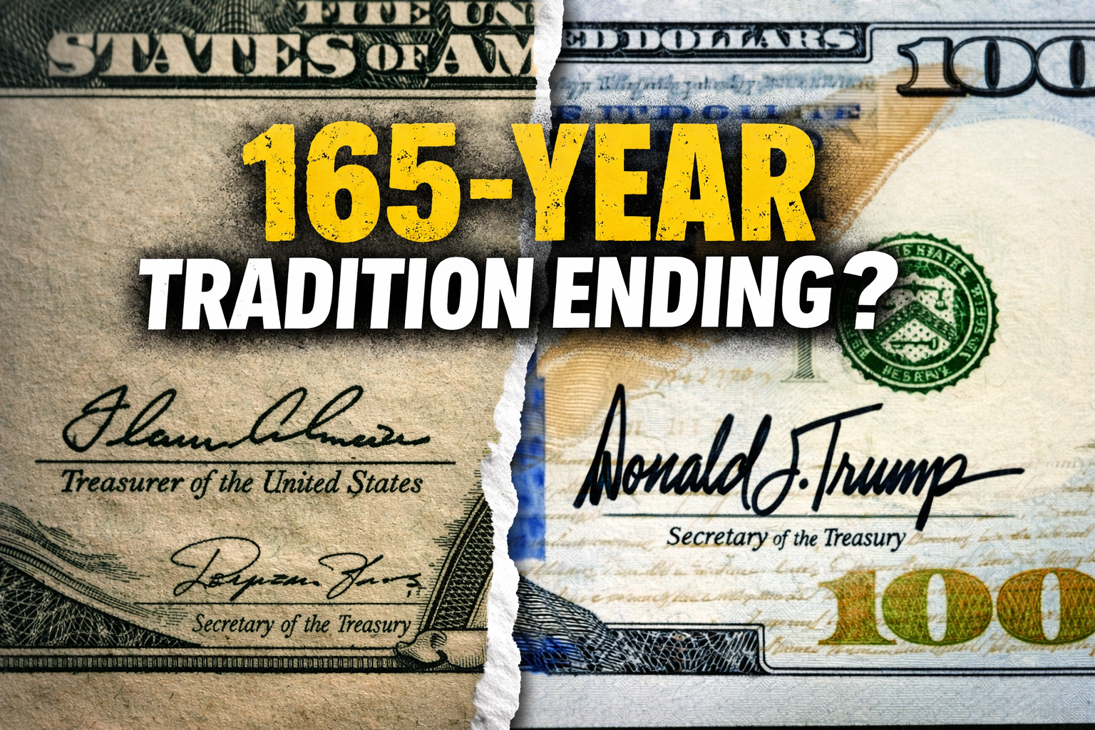 Split image of US dollar bills showing a historic change: left side features a traditional dollar with the Treasurer’s signature, right side shows a redesigned dollar with Donald Trump’s signature. Text overlay reads ‘165-Year Tradition Ending?’ highlighting the potential 2026 currency update."