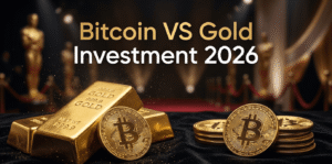 Bitcoin VS Gold Investment 2026 comparison with physical gold bars and BTC coins on velvet surface, bitfluxe.com SEO feature image.