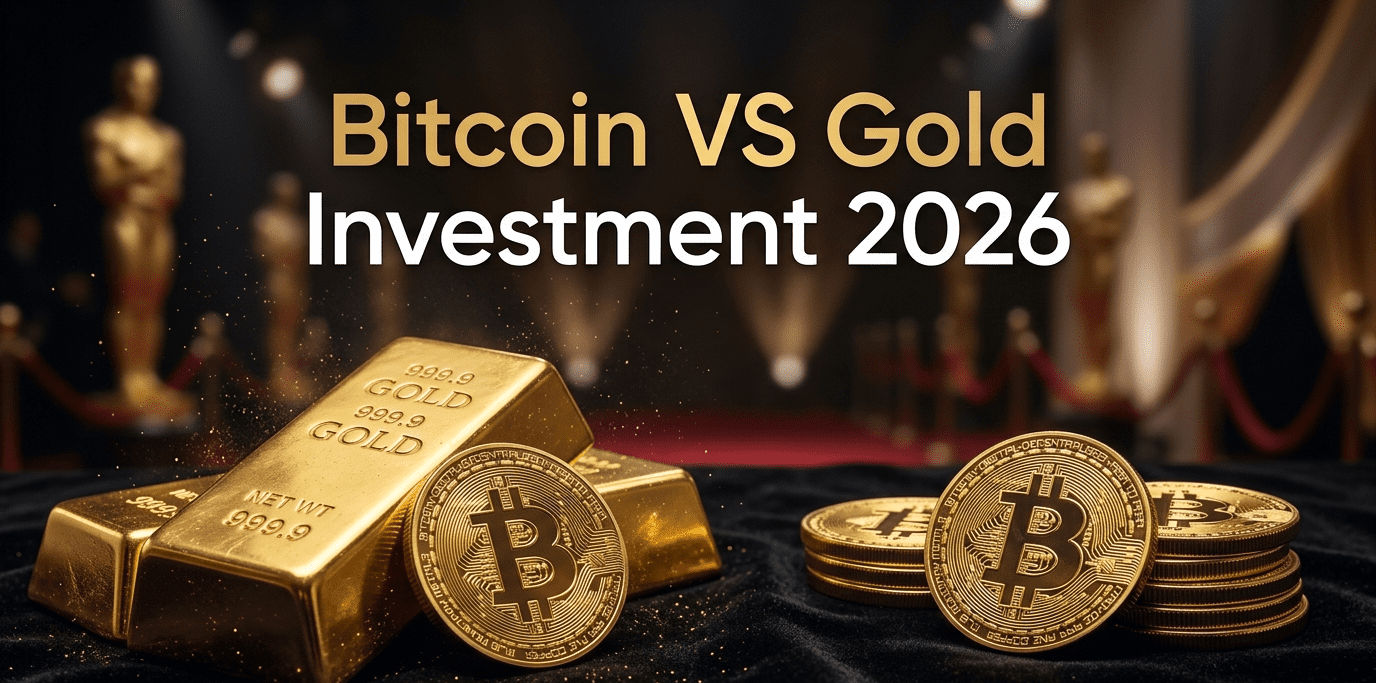 Bitcoin VS Gold Investment 2026 comparison with physical gold bars and BTC coins on velvet surface, bitfluxe.com SEO feature image.