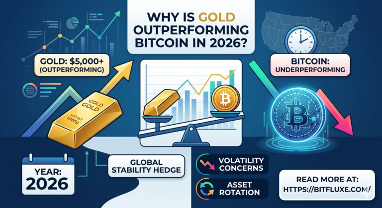 Infographic comparing performance of Gold and Bitcoin in 2026. Shows gold price rising as a global stability hedge while Bitcoin faces volatility concerns, as discussed on bitfluxe.com.