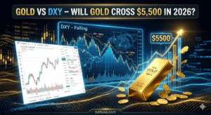 Gold vs DXY chart showing gold price potentially reaching $5,500 in 2026 with dollar index analysis – bitfluxe.com