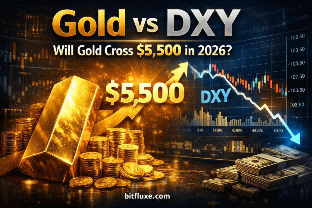 Gold vs DXY chart showing gold price potentially reaching $5,500 in 2026 with dollar index analysis – bitfluxe.com