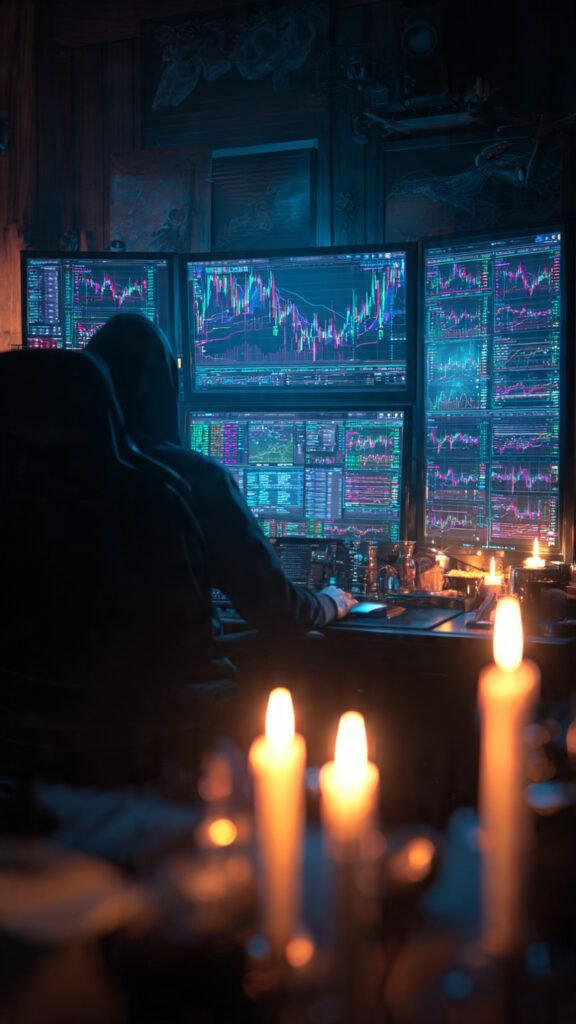 Risk management in trading strategy with charts and professional trading setup