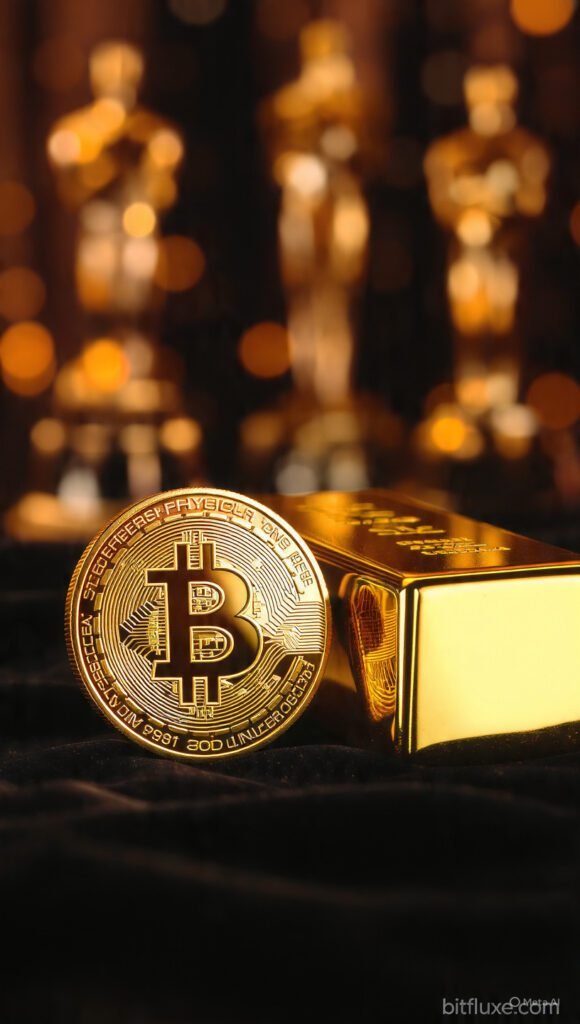 Bitcoin VS Gold Investment 2026 comparison with physical gold bars and BTC coins on velvet surface, bitfluxe.com SEO feature image.