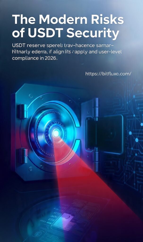 Infographic showing the difference between USDT reserve safety and user-level compliance risks in 2026.