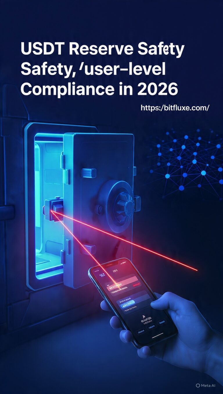 Infographic showing the difference between USDT reserve safety and user-level compliance risks in 2026.