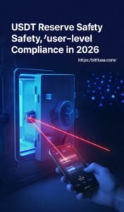 Infographic showing the difference between USDT reserve safety and user-level compliance risks in 2026.