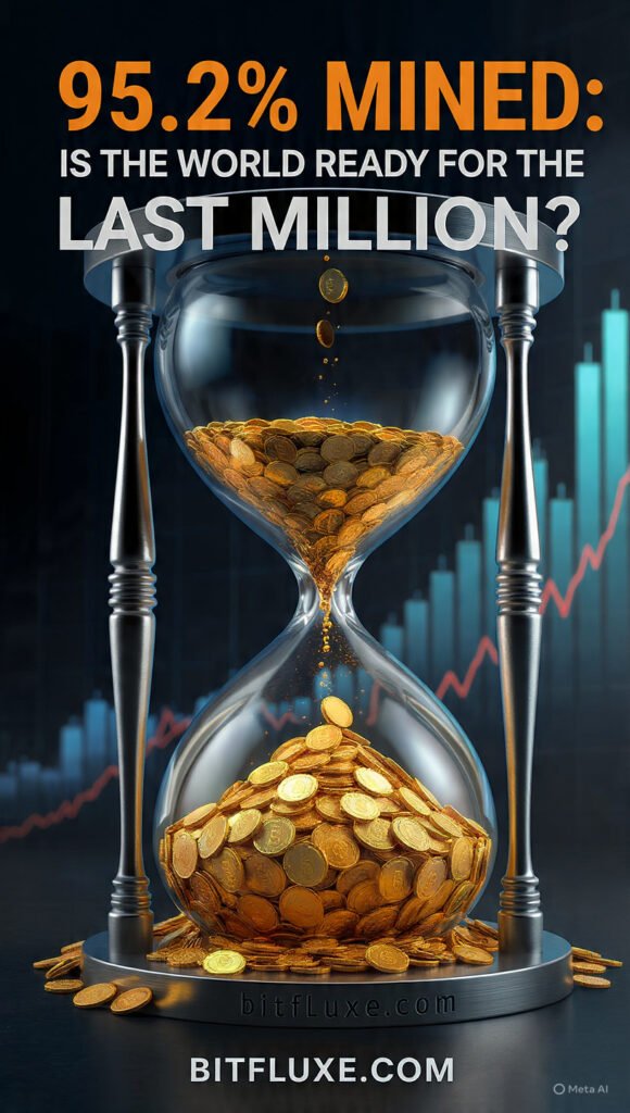 A powerful Bitcoin image designed for Google Discover, featuring a massive 3D Bitcoin symbol with the text 'THE 20 MILLIONTH BTC IS HERE' and a visual map of the final 95.2% mined status, including the URL bitfluxe.com in the bottom right corner.