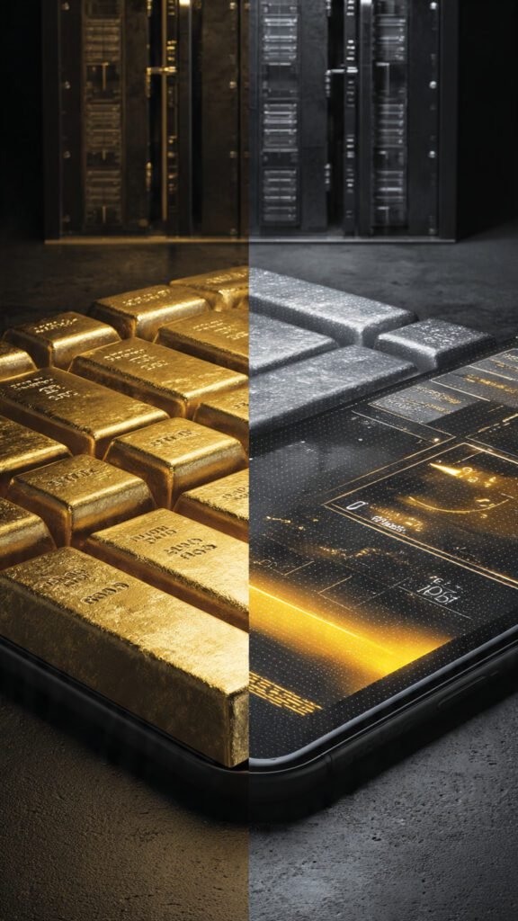 A split-screen 3D illustration: one side shows traditional gold bars in a secure vault, the other side shows a glowing digital smartphone interface representing tokenized gold. Cinematic lighting, professional financial photography style."