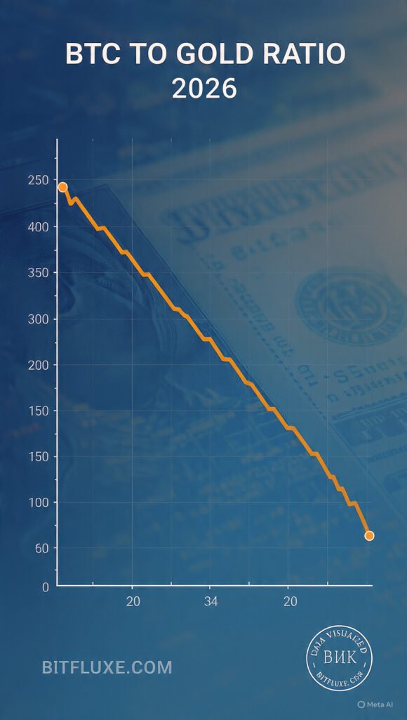 Chart visualizing the declining BTC to Gold ratio in 2026, comparing the price interaction between Bitcoin and physical gold.