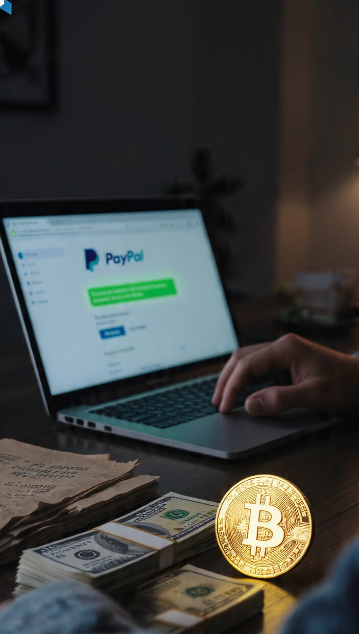 "Small business owner using PayPal USD (PYUSD) for instant international payment, saving on bank fees, with PYUSD digital coin and US dollar stack on desk."