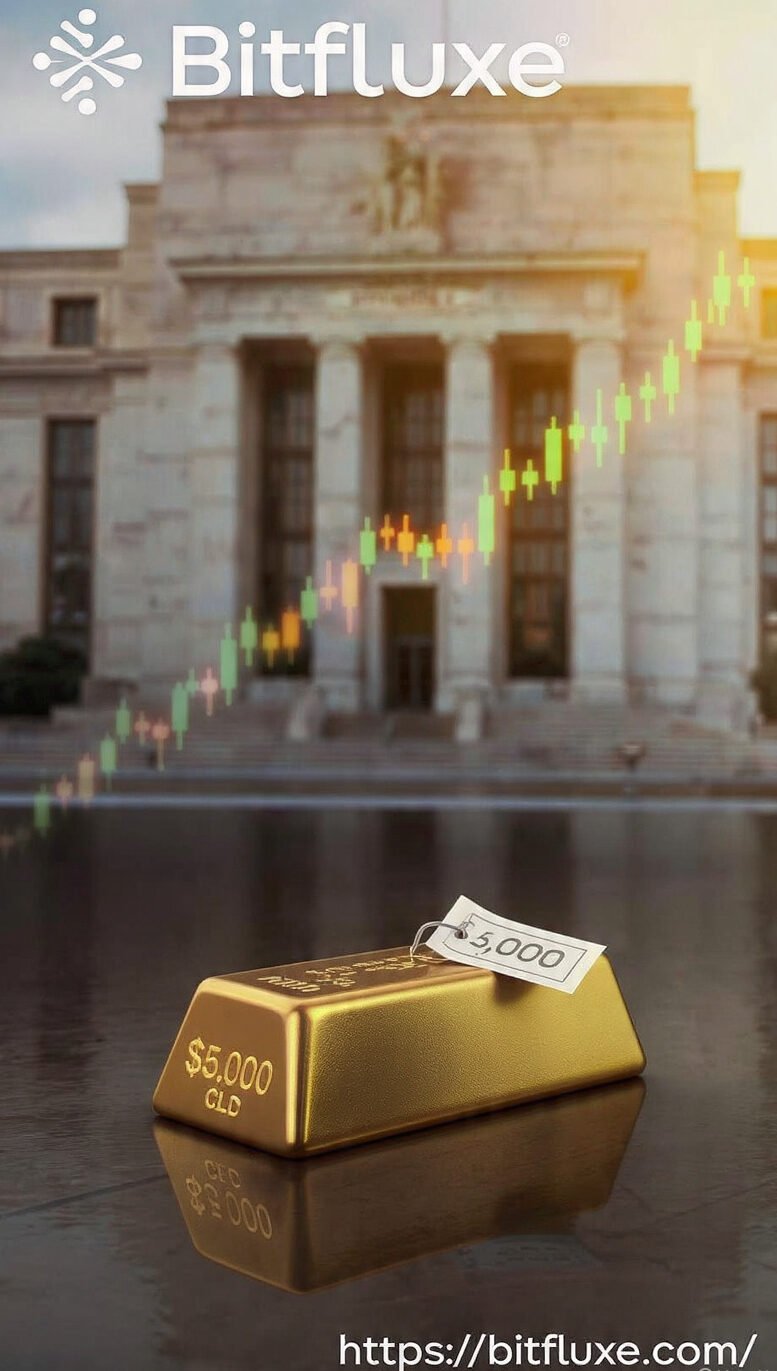 Gold price analysis at $5,000 per ounce, featuring US Federal Reserve and financial market charts for March 2026.