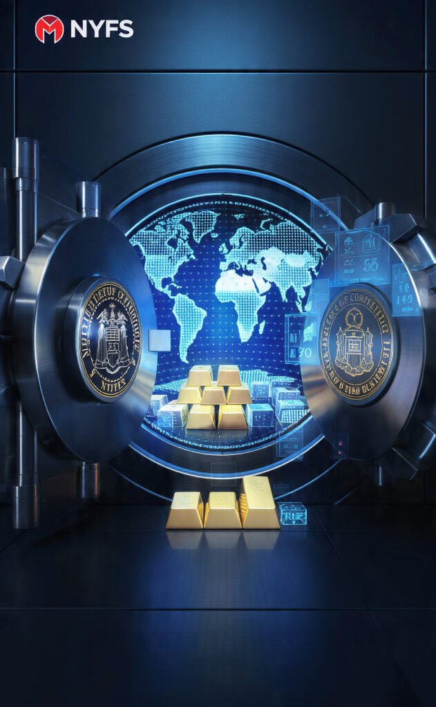 "Secure digital vault interior for PayPal USD (PYUSD) reserves, featuring NYDFS and OCC regulation seals, US Treasury backing, and a connection map to 70 countries."