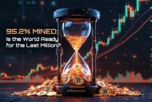 A powerful Bitcoin image designed for Google Discover, featuring a massive 3D Bitcoin symbol with the text 'THE 20 MILLIONTH BTC IS HERE' and a visual map of the final 95.2% mined status, including the URL bitfluxe.com in the bottom right corner.