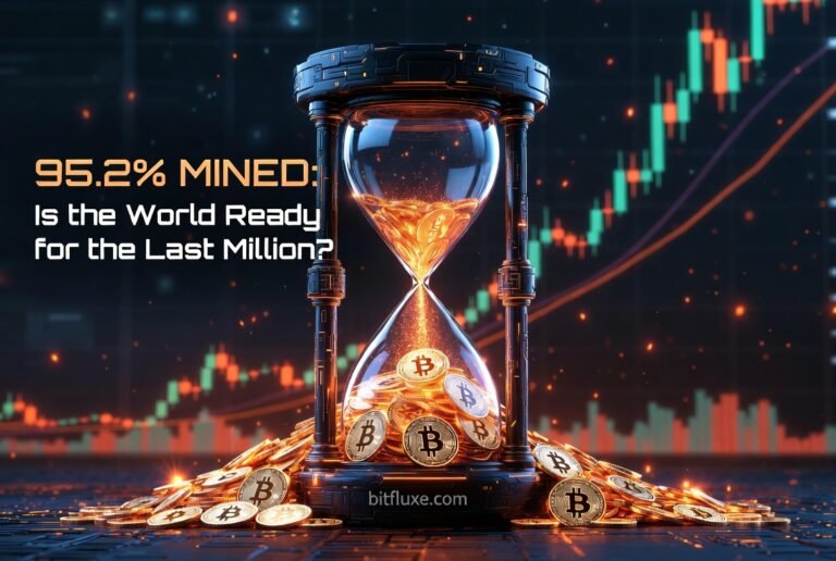 A powerful Bitcoin image designed for Google Discover, featuring a massive 3D Bitcoin symbol with the text 'THE 20 MILLIONTH BTC IS HERE' and a visual map of the final 95.2% mined status, including the URL bitfluxe.com in the bottom right corner.