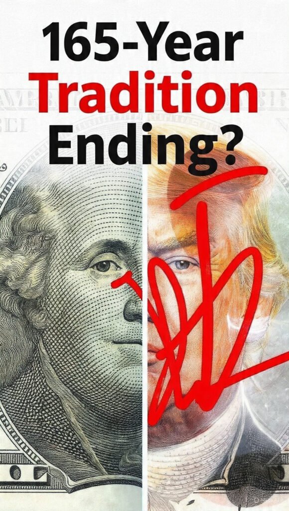 Split image of US dollar bills showing a historic change: left side features a traditional dollar with the Treasurer’s signature, right side shows a redesigned dollar with Donald Trump’s signature. Text overlay reads ‘165-Year Tradition Ending?’ highlighting the potential 2026 currency update."