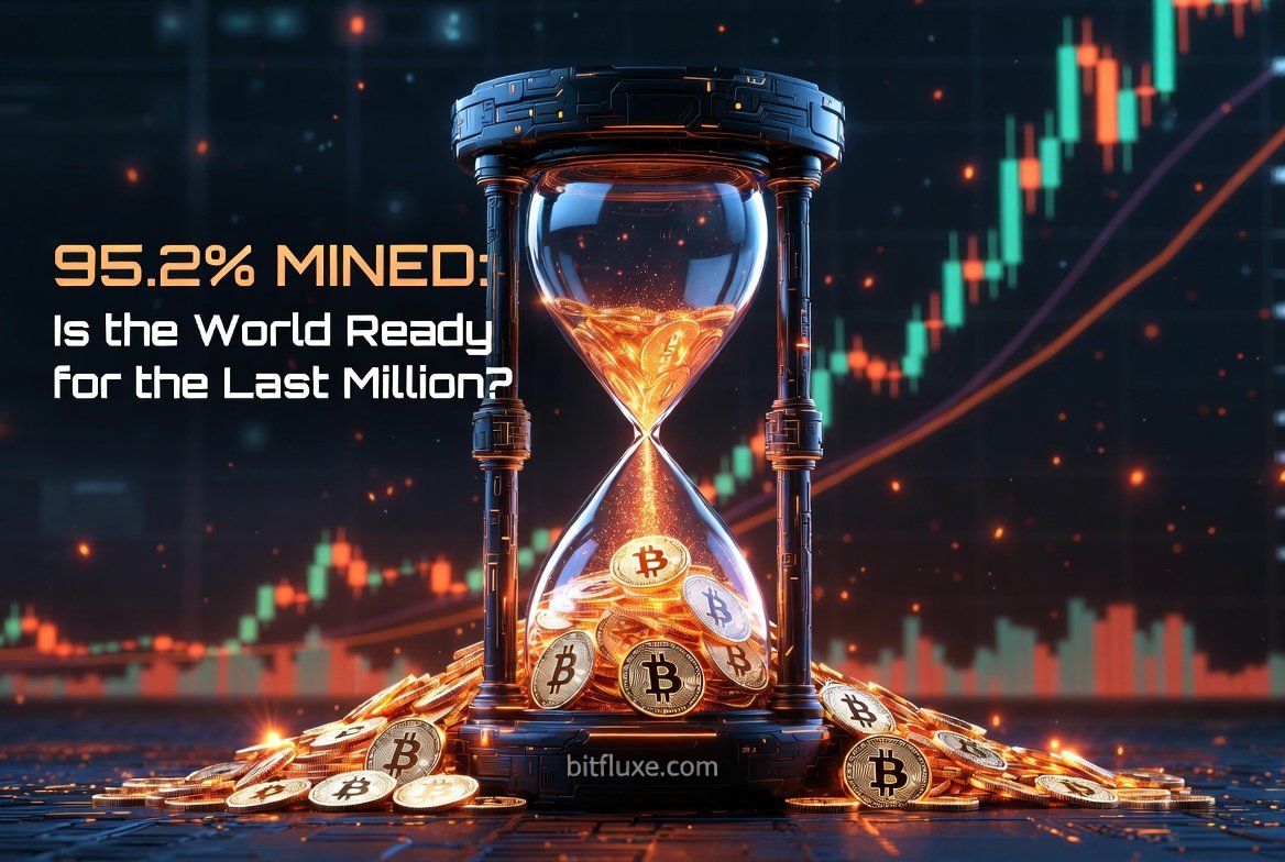 A powerful Bitcoin image designed for Google Discover, featuring a massive 3D Bitcoin symbol with the text 'THE 20 MILLIONTH BTC IS HERE' and a visual map of the final 95.2% mined status, including the URL bitfluxe.com in the bottom right corner.