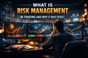 Risk management in trading strategy with charts and professional trading setup