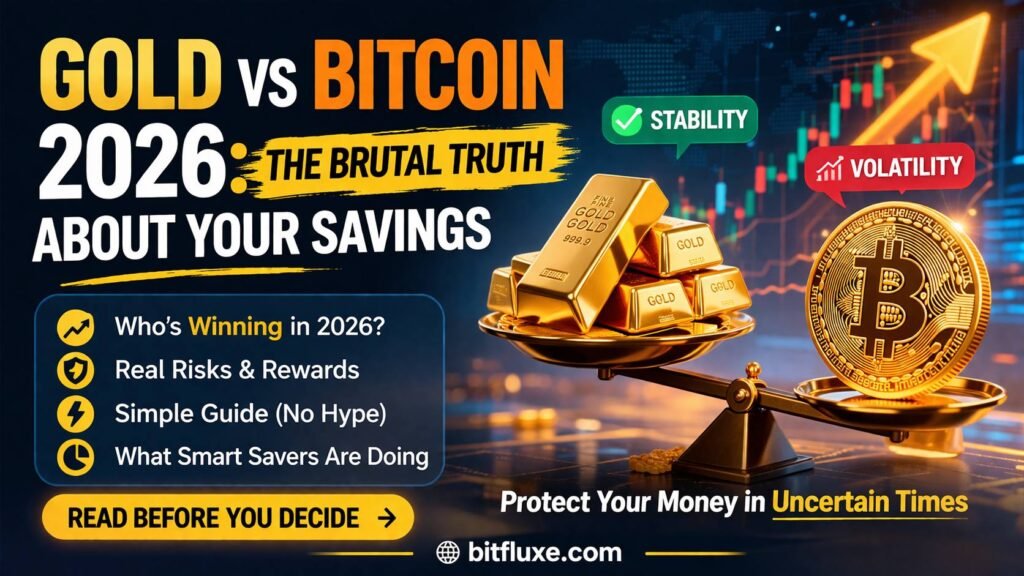 Gold vs Bitcoin 2026 comparison showing savings protection, gold stability vs bitcoin volatility, financial decision concept