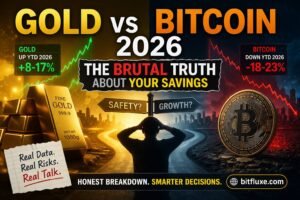 Gold vs Bitcoin 2026 comparison showing savings protection, gold stability vs bitcoin volatility, financial decision concept
