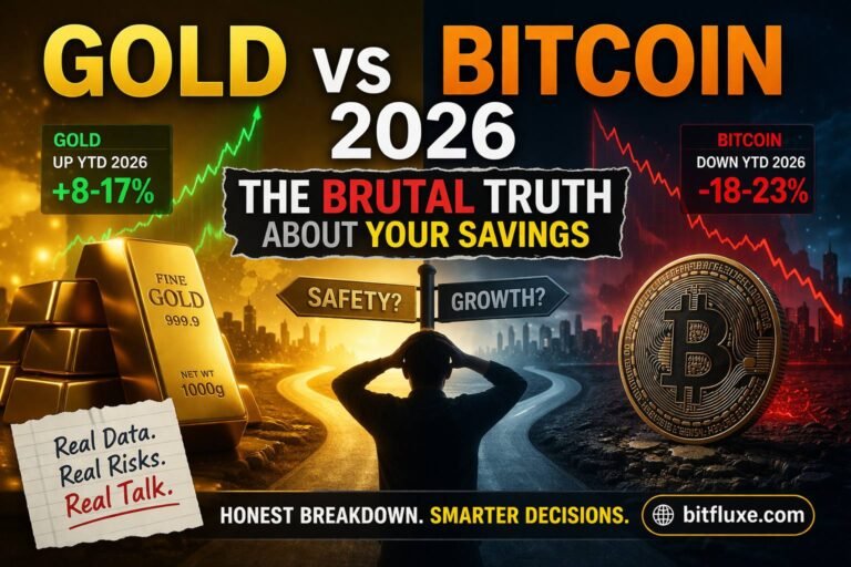 Gold vs Bitcoin 2026 comparison showing savings protection, gold stability vs bitcoin volatility, financial decision concept