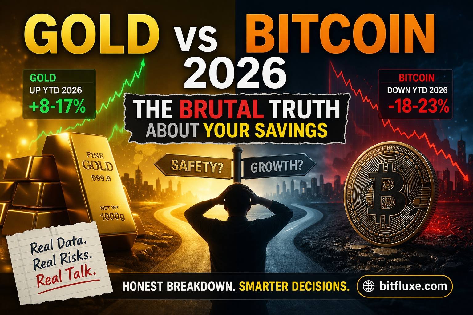Gold vs Bitcoin 2026 comparison showing savings protection, gold stability vs bitcoin volatility, financial decision concept