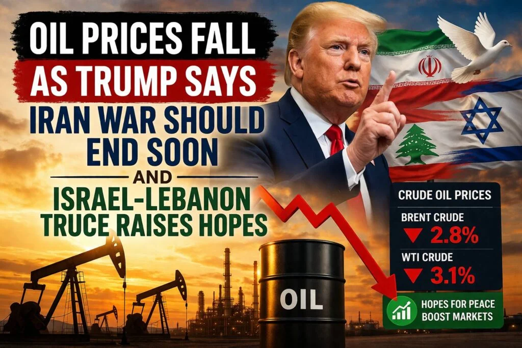 Oil prices fall feature image showing Donald Trump, Iran, Israel and Lebanon flags, falling crude chart, oil barrels, and Middle East peace hopes.