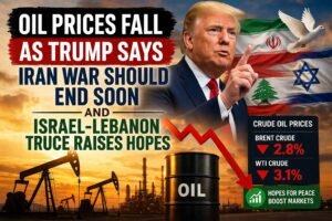 Oil prices fall feature image showing Donald Trump, Iran, Israel and Lebanon flags, falling crude chart, oil barrels, and Middle East peace hopes.