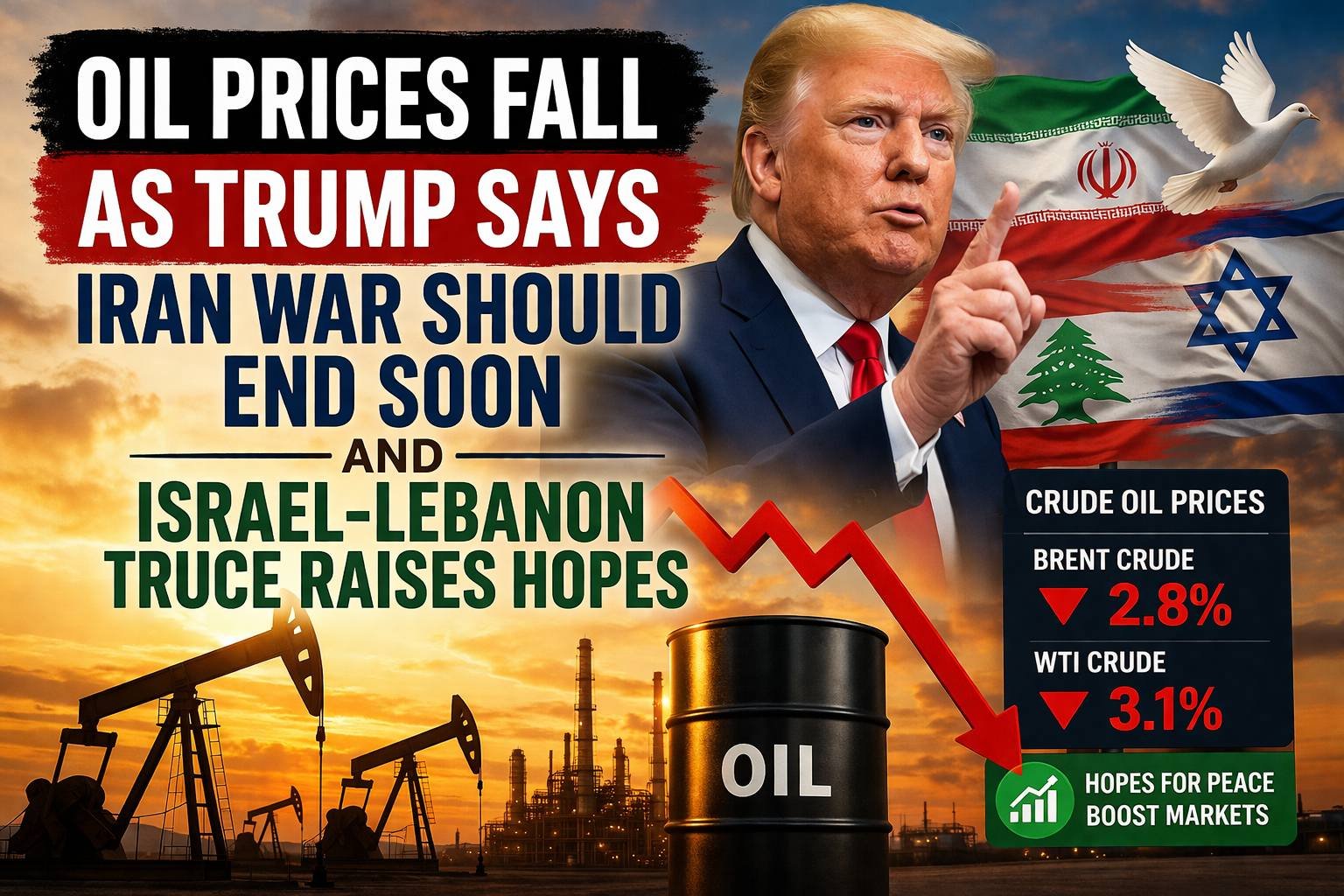 Oil prices fall feature image showing Donald Trump, Iran, Israel and Lebanon flags, falling crude chart, oil barrels, and Middle East peace hopes.