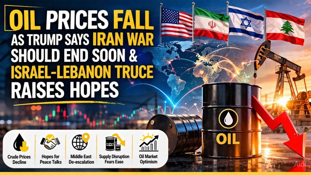Oil prices fall feature image showing Donald Trump, Iran, Israel and Lebanon flags, falling crude chart, oil barrels, and Middle East peace hopes.