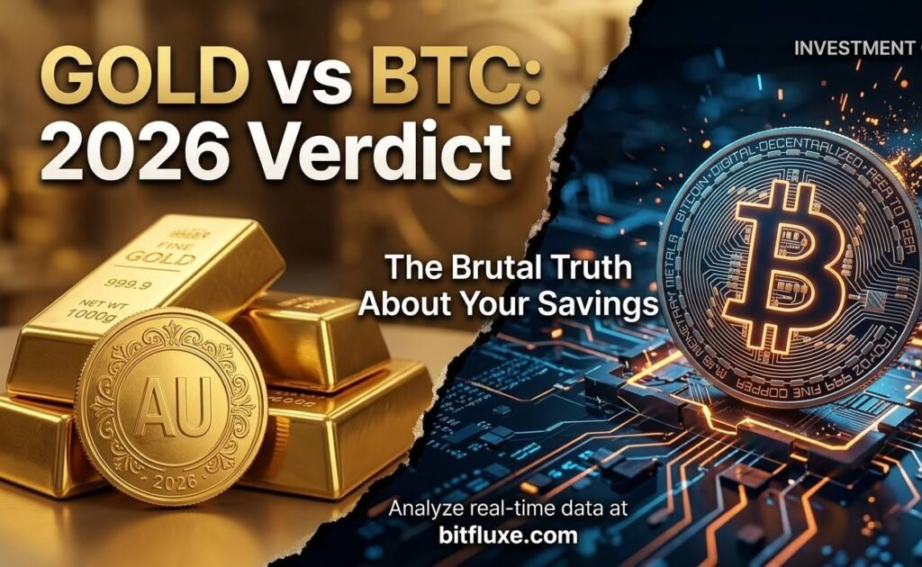 Gold vs Bitcoin 2026 comparison showing savings protection, gold stability vs bitcoin volatility, financial decision concept
