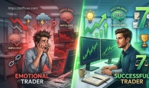 Professional trader analyzing financial charts on multiple monitors with text overlay '7 Mental Habits for Trading Success' and bitfluxe.com URL.