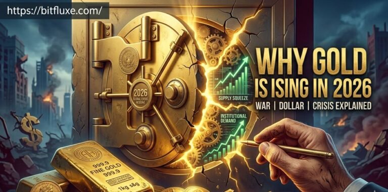 Why gold is rising in 2026 breaking news banner on bitfluxe.com featuring gold bars and global crisis background