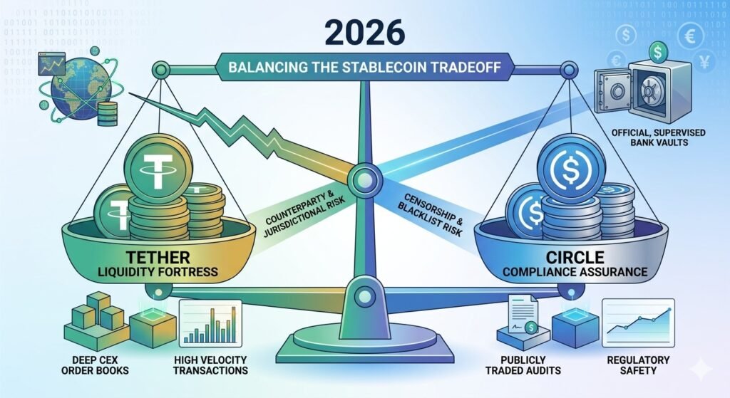 USDT vs USDC 2026 liquidity and counterparty risk comparison chart with Tether market cap and Circle IPO data for Bitfluxe.