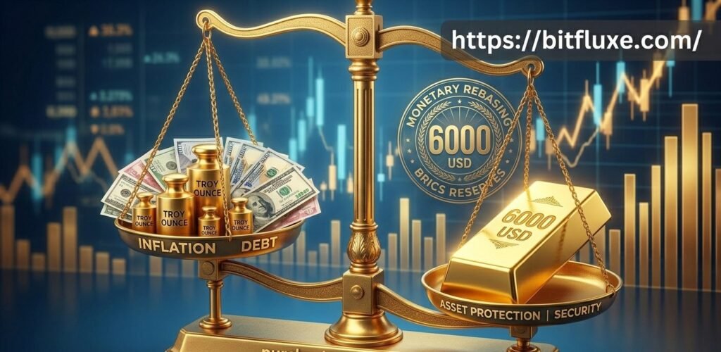 Gold Price Prediction 2026 showing $6,000 target with gold bars and global market charts for Bitfluxe.