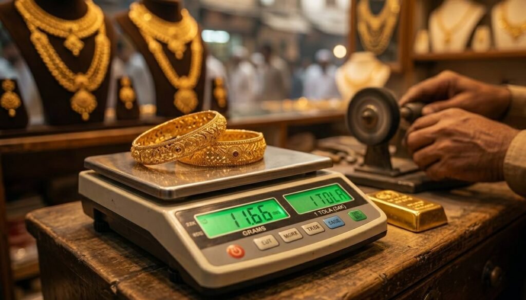 A vibrant, crowded Pakistani gold bazaar (Sarafa) showing multiple shop tickers with 1 Tola Gold Price Today 2026 at Rs. 491,462 and 10g at Rs. 421,349. Detailed gold bridal jewelry set is visible on a glass counter in the foreground. URL https://bitfluxe.com/ is visible on a translucent bar in the top corner.