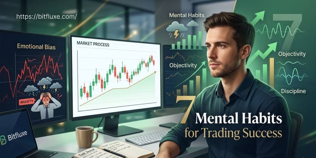 Professional trader analyzing financial charts on multiple monitors with text overlay '7 Mental Habits for Trading Success' and bitfluxe.com URL.