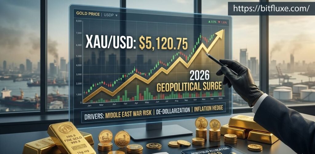Why gold is rising in 2026 breaking news banner on bitfluxe.com featuring gold bars and global crisis background