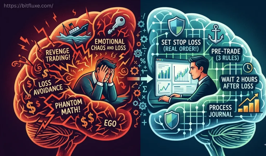 Conceptual illustration on bitfluxe.com showing a split human brain: the left side represents chaotic emotional trading (revenge trading, phantom math), and the right side shows structured mechanical trading discipline with systematic fixes for retail accounts.