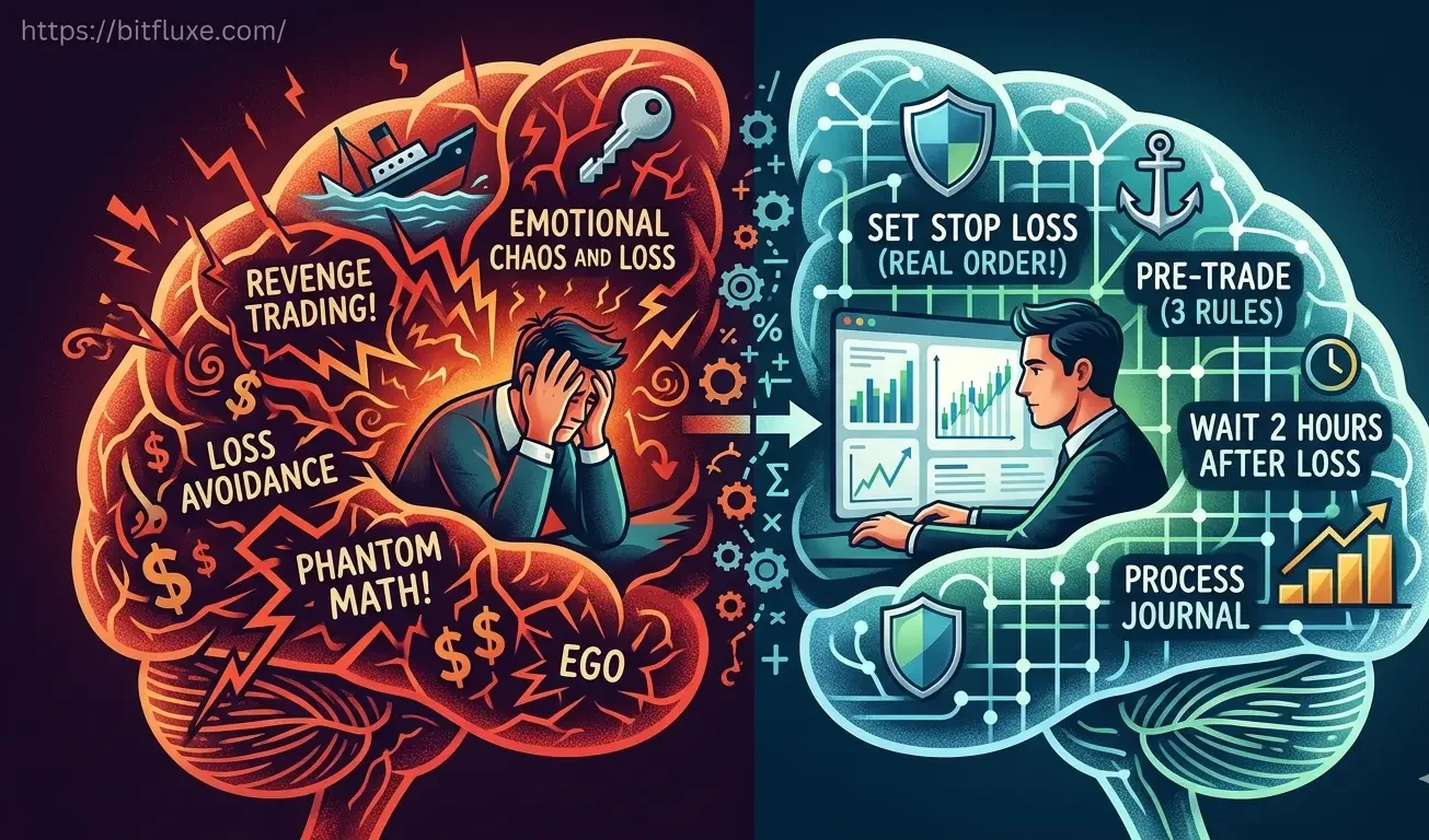 Conceptual illustration on bitfluxe.com showing a split human brain: the left side represents chaotic emotional trading (revenge trading, phantom math), and the right side shows structured mechanical trading discipline with systematic fixes for retail accounts.