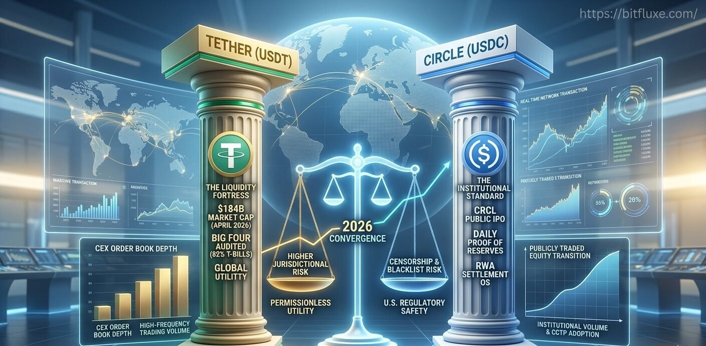 USDT vs USDC 2026 liquidity and counterparty risk comparison chart with Tether market cap and Circle IPO data for Bitfluxe.