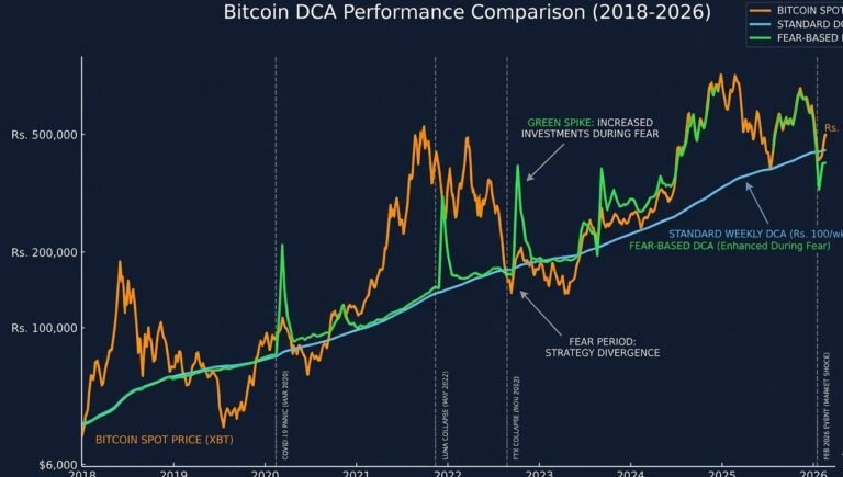 itcoin DCA strategy returns chart 2018–2026 showing fear-based DCA outperforming standard weekly DCA and lump-sum investing across all major market events.