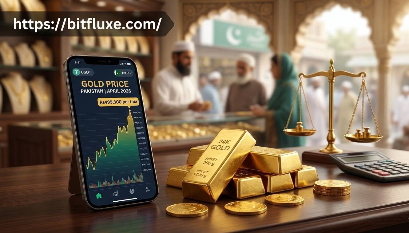 Digital gold PMEX and USDT portfolio comparison on mobile screen next to physical gold bars in a local Pakistani sarafa market.