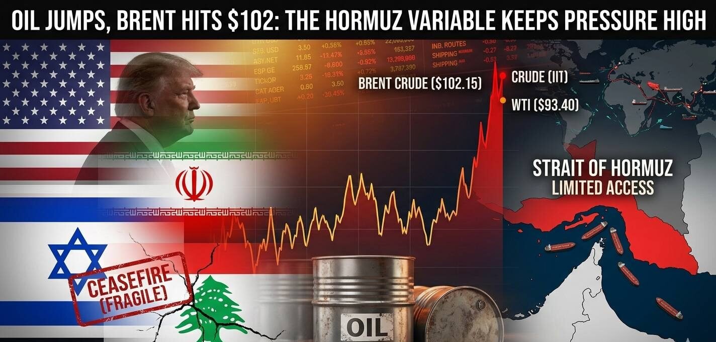 Brent crude oil price jump to $102 chart with US, Iran, Israel, and Lebanon flags and fragile ceasefire stamp.