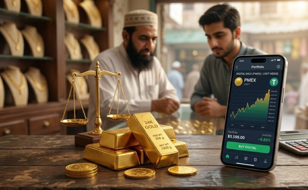Digital gold PMEX and USDT portfolio comparison on mobile screen next to physical gold bars in a local Pakistani sarafa market.