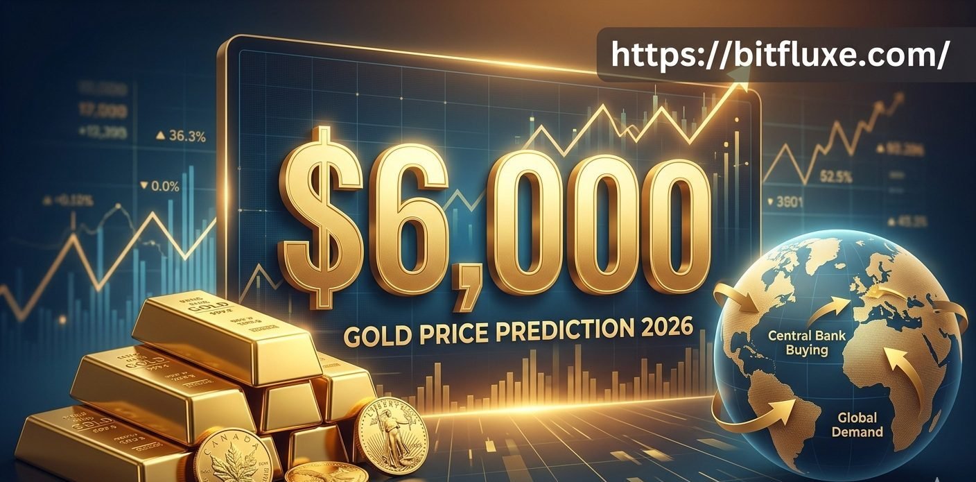 Gold Price Prediction 2026 showing $6,000 target with gold bars and global market charts for Bitfluxe.