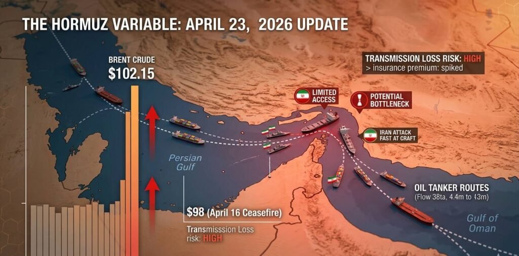 Tactical map of Strait of Hormuz showing oil tanker routes, Iran limited access zones, and Brent price surge to $102.
