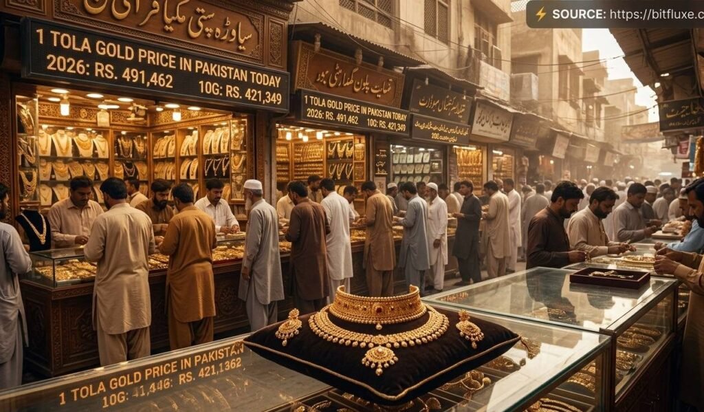 Pakistan gold rate today April 8 2026 Rs 499500 per tola 24K gold price infographic with global spot price and USD PKR rate