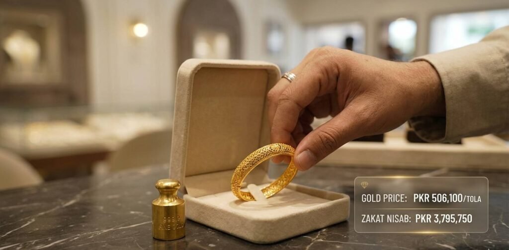 Gold buyer verifying 22K jewelry purity with a jeweler using Tola weight and digital verification tool in Pakistan, consistent with current gold prices.